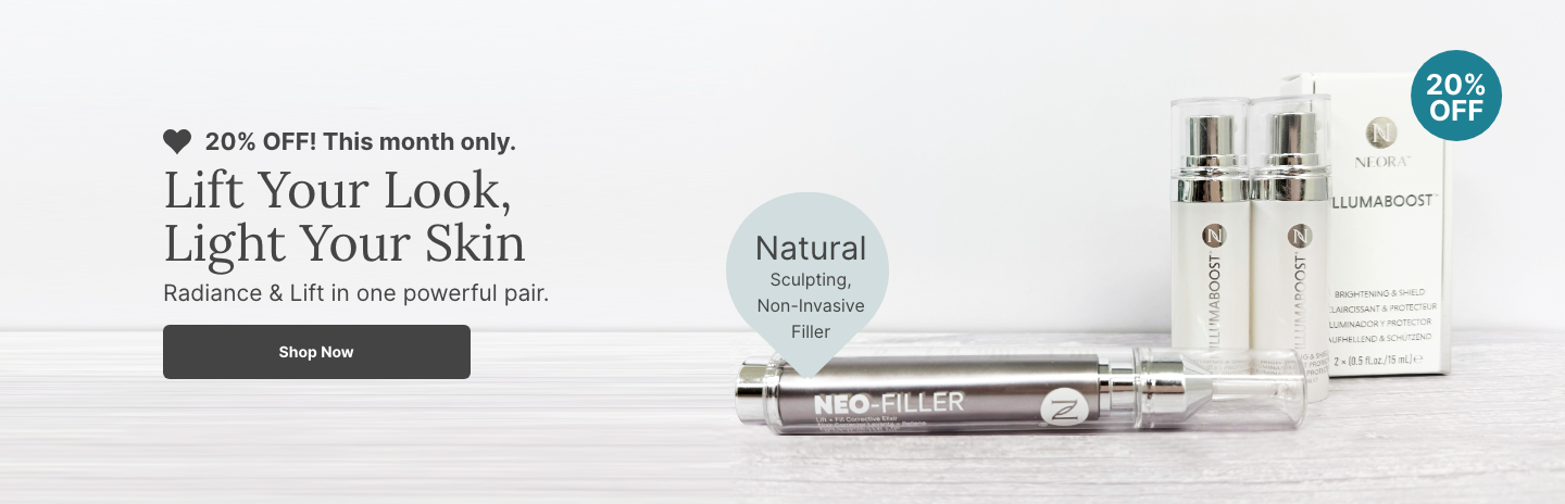 A promotional banner for a combo of Neora’s Neo-FILLER and Neora Illumaboost. Featured is text reading ”20% OFF this month only.” and a “Shop Now” button underneath it.